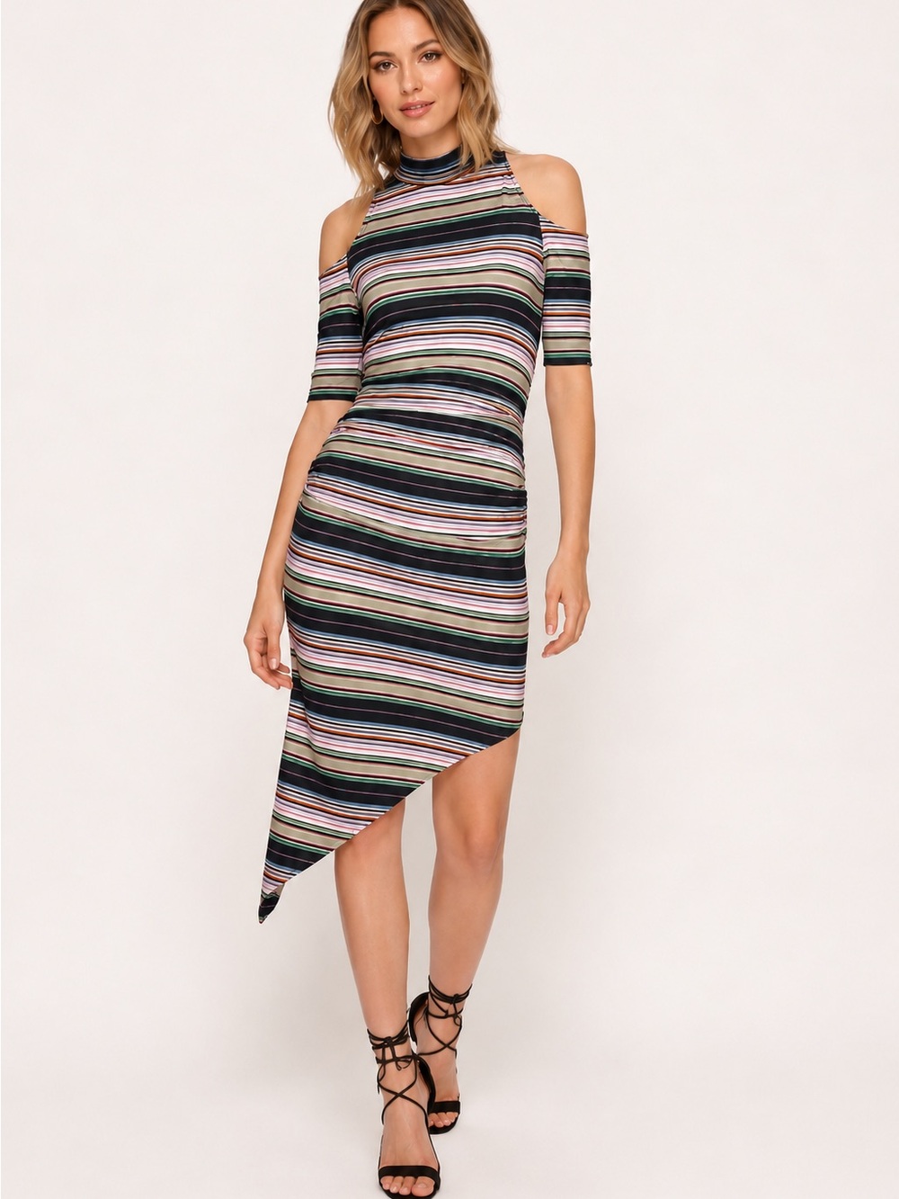 NWOT-Striped Cold-Shoulder Asymmetrical Dress in Multi-Color